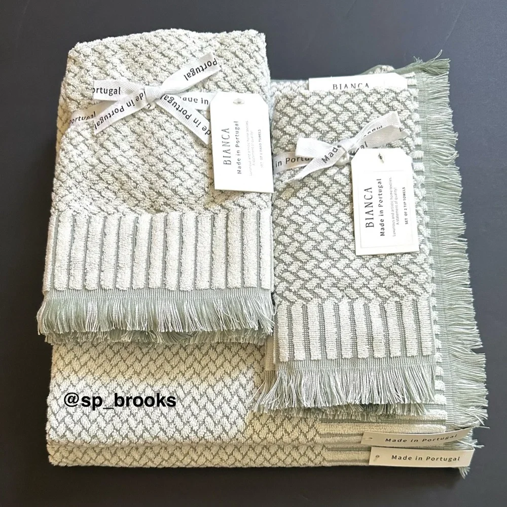 🎁6PC BIANCA Bath Towel Set - Cotton Textured Woven & Terry - Green & Cream